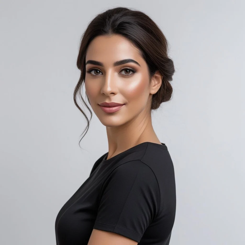 – chaimae, a moroccan woman, elegant and creative, wearing a black t shirtwith natural makeup – branding expert. . white background