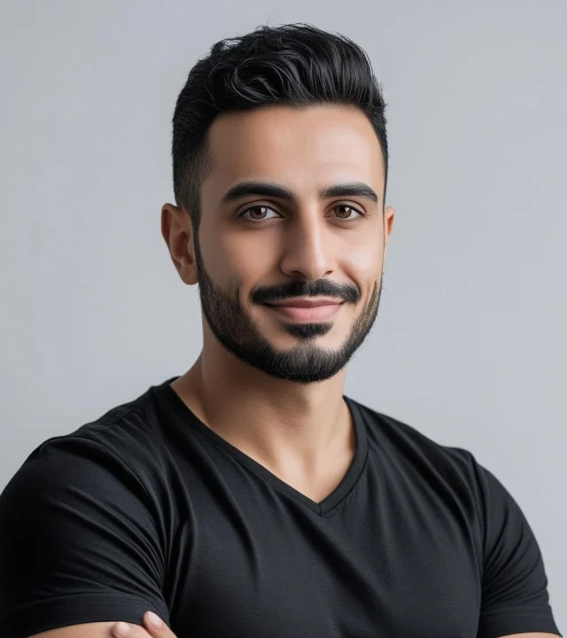 – rachid, a moroccan man, stylish and professional, wearing a black t shirt, confident expression – digital expert & founder. . white background